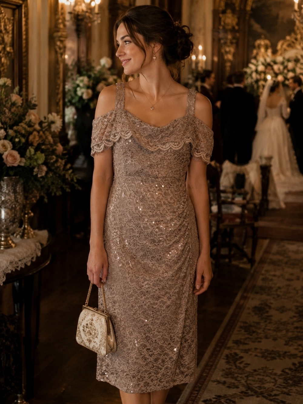 Vintage R&M Richards Dusty Rose Sequin Lace Cold-Shoulder Midi Dress